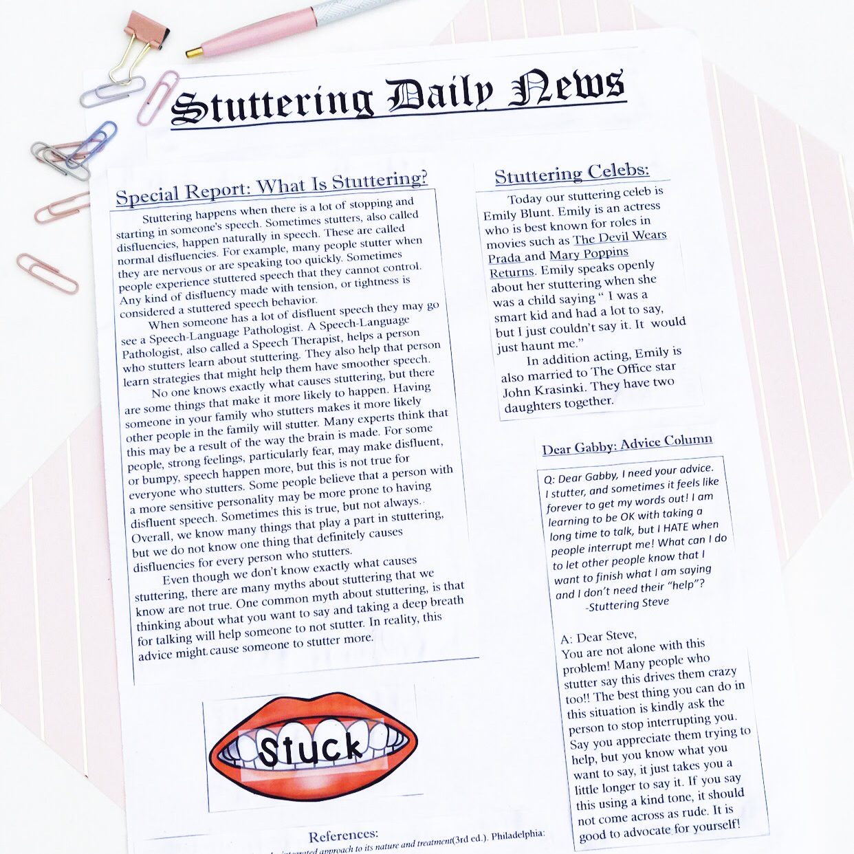 Stuttering newspaper activity for speech therapy